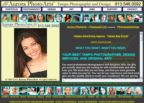 The current, and last, Venus Class marketing and support site for Aurora PhotoArts, launched on July 31, 2007, under the TampaPhotographyDesign.Com operating domain name. This was the 6th  Aurora PhotoArts web site, and version 2.2 of the Venus Class. Compare this with the screen grab of the original above.